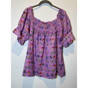 Ivy Jane Lavender Print Smocked S/S Blouse Size Medium Hippie Beatnick